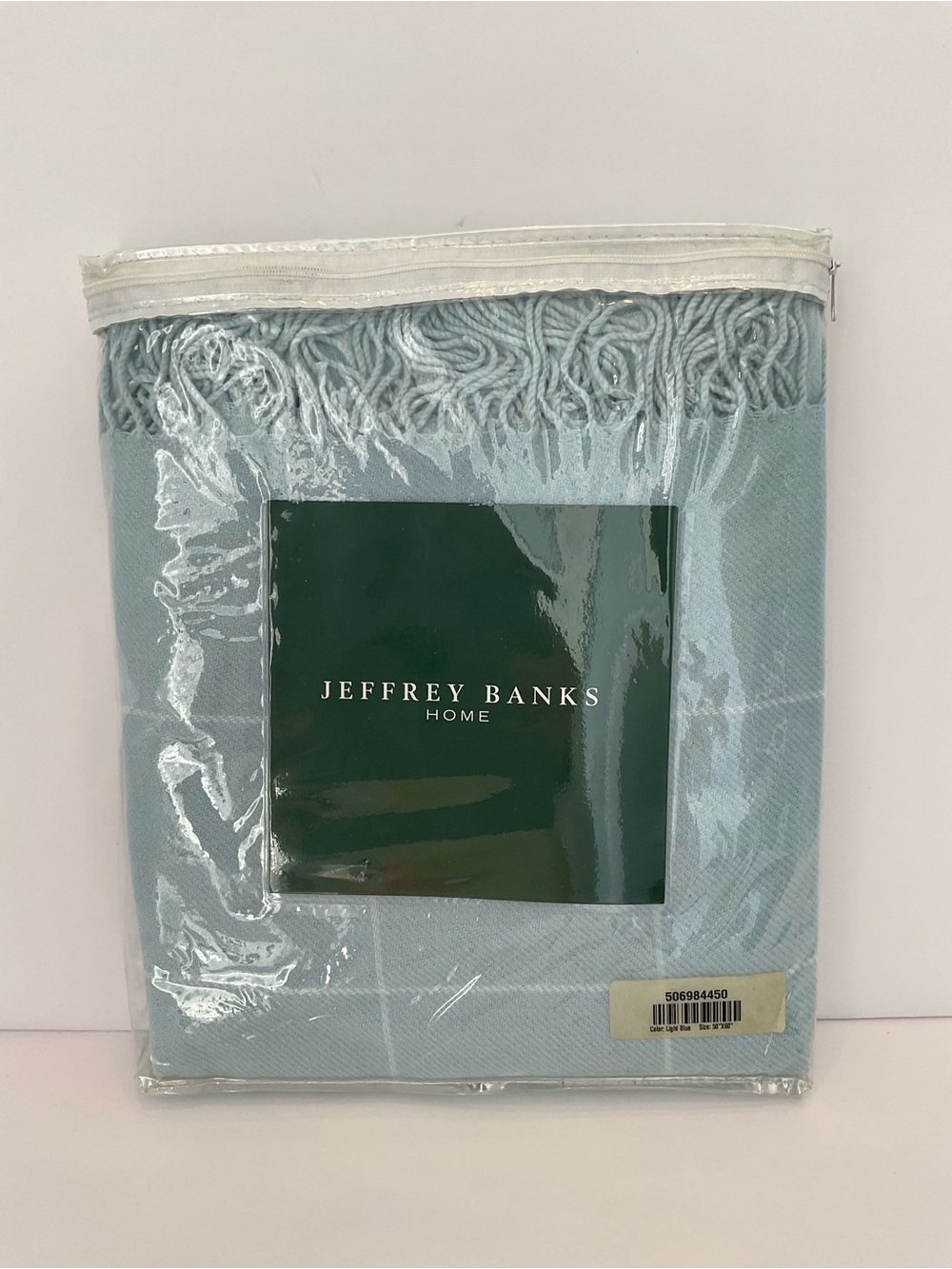 NWT Jeffrey Banks Home Blue Windowpane Plaid Fringe Throw Blanket